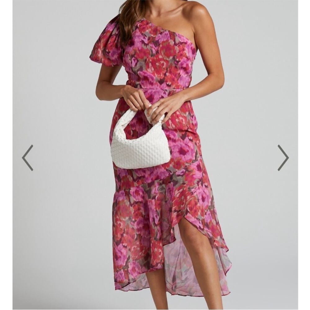 Showpo Floral One Shoulder Ruffle Midi Dress Pink NWT 14